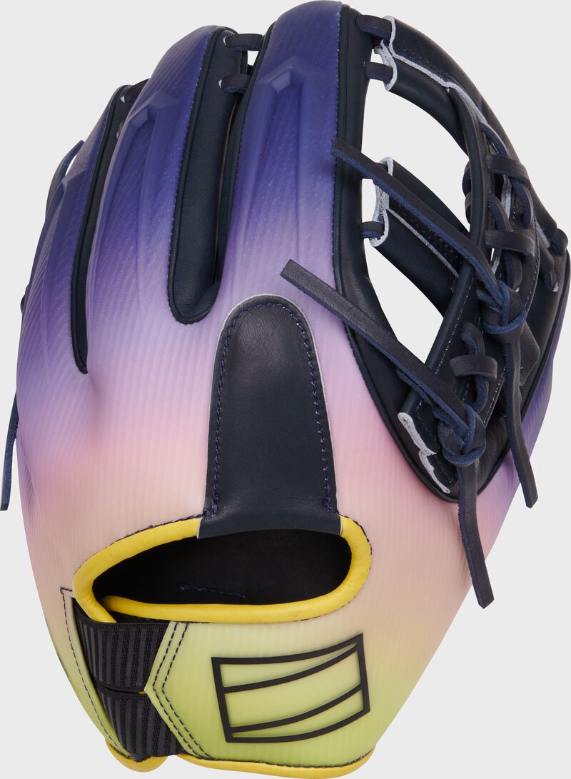 Navy/Pink/Gold design back of a Rawlings Francisco Lindor REV1X infield glove loading=