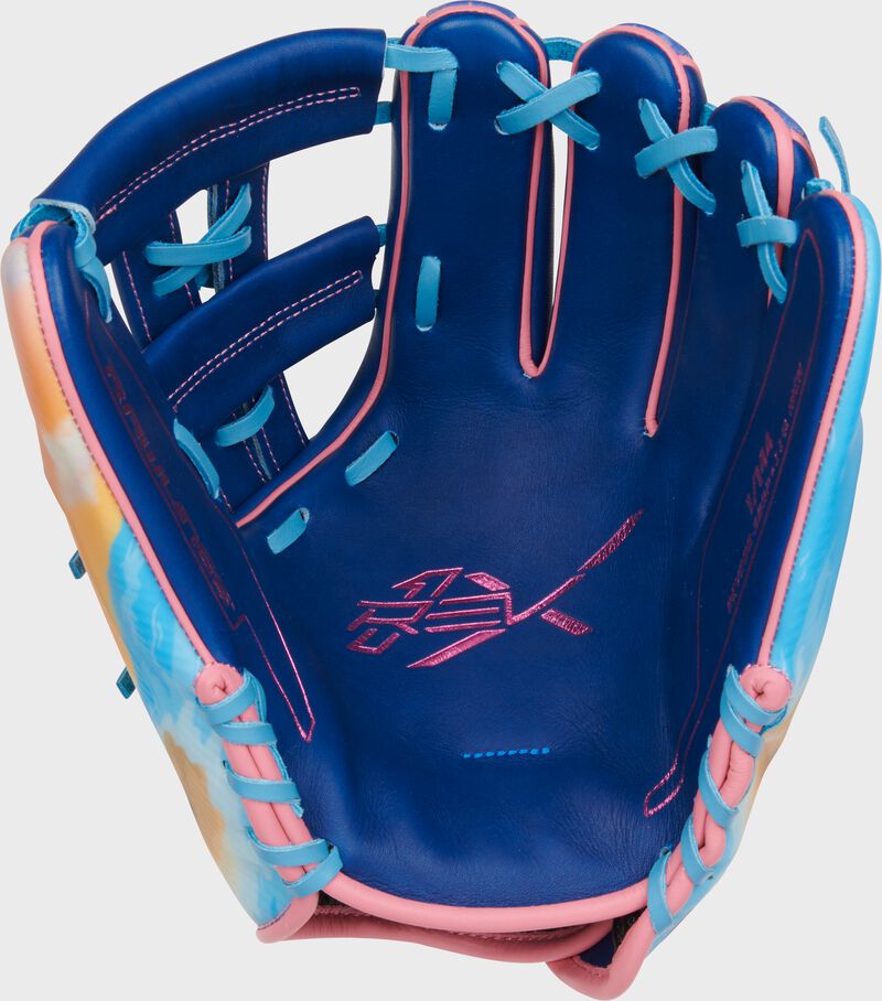 Royal palm of a Rawlings Grapefruit League REV1X glove with Columbia blue laces and pink stamping - SKU: REV205-32RP loading=