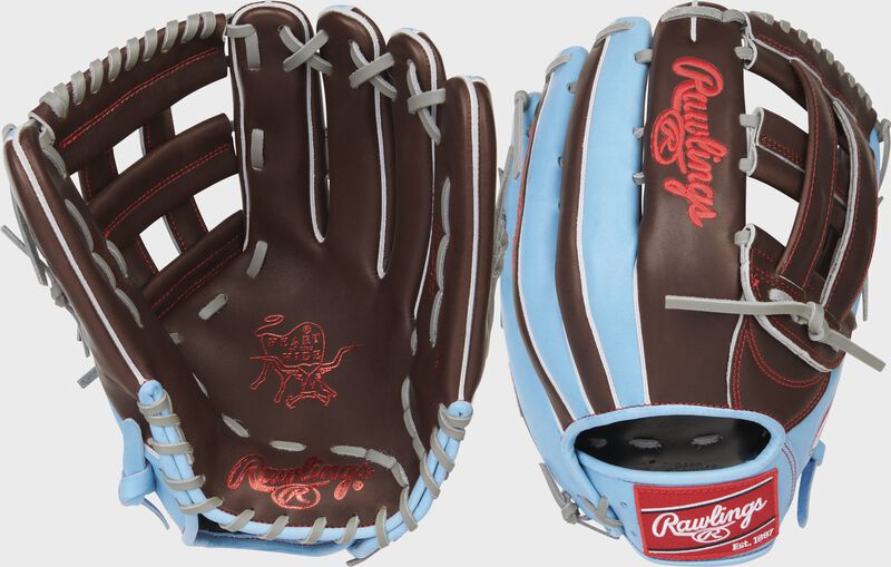Back & palm of a Columbia blue/dark sherry Heart of the Hide 12.75" outfield glove - SKU: PRO3039-6CH