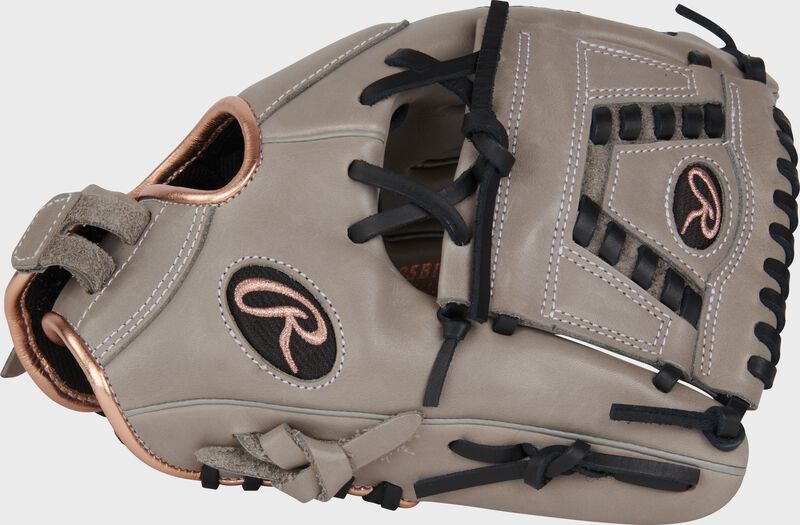 Thumb of a gray R9 Series 11.5" ContoUR Fit fastpitch glove with a gray laced 1-piece solid web loading=