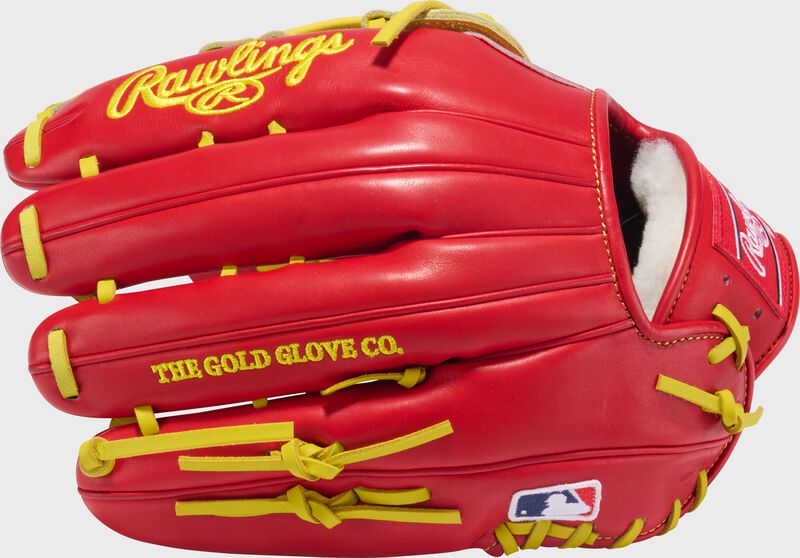 Back of a scarlet Rawlings Pro Preferred 12.75" outfield glove with the MLB logo on the pinky
