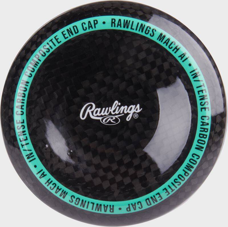 Black composite end cap of a Rawlings 2025 Mach AI USA Baseball bat