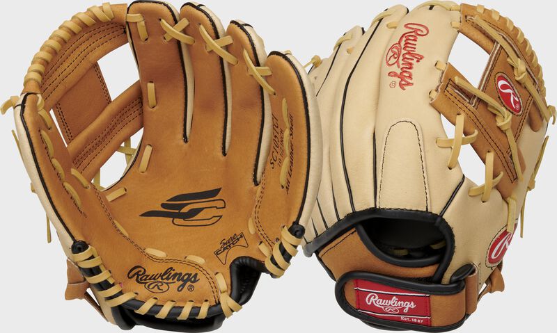 Two images showing the palm & back of a camel/tan Sure Catch 10.5" youth I-web glove loading=