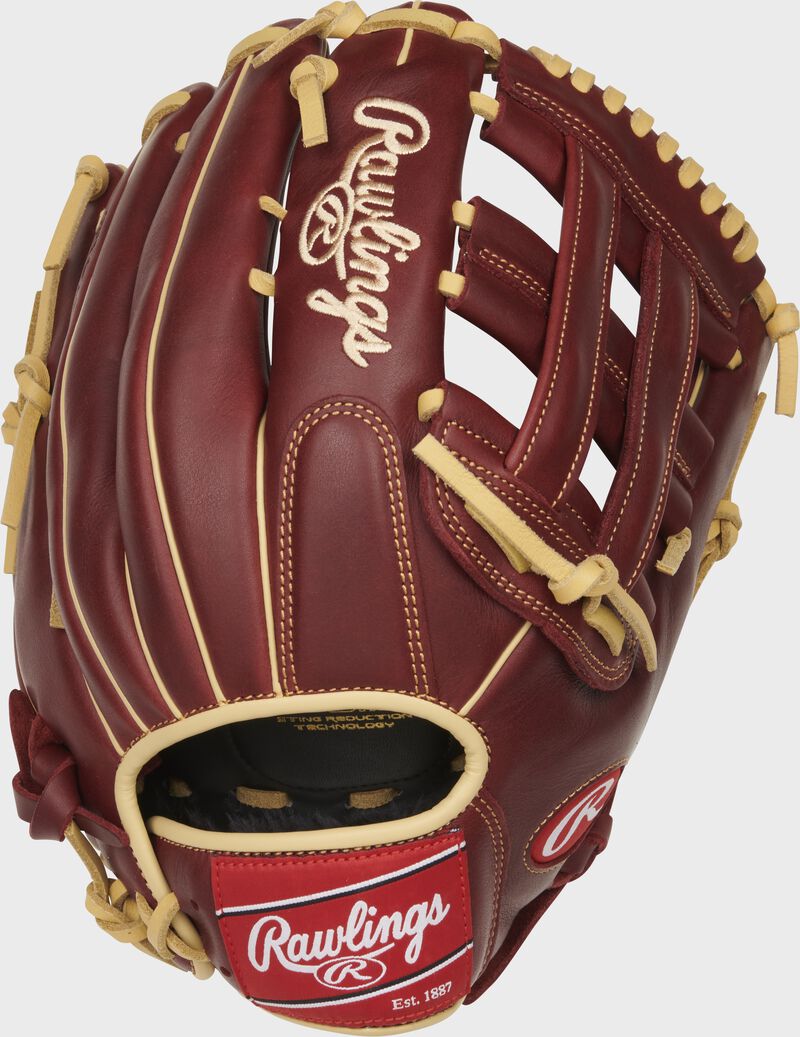 Back of a sherry Sandlot Series 12.75-Inch H-web glove with a red Rawlings patch - SKU: S1275HS