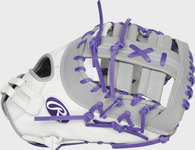 Thumb of a white/gray Liberty Advanced Color Series 13-inch first base mitt with a gray web and purple laces - SKU: RLADCTSBWPG loading=