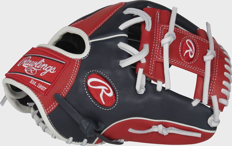Web back view of black, red, and white 2022 Breakout 11.5-inch infield glove loading=