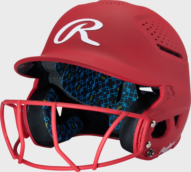 Front left of a scarlet Rawlings RX2 fastpitch batting helmet