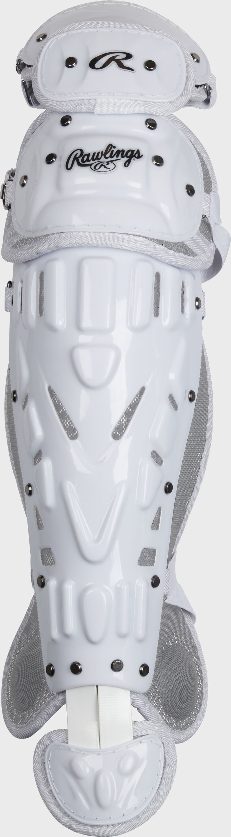 Front of a white/silver Velo softball leg guard