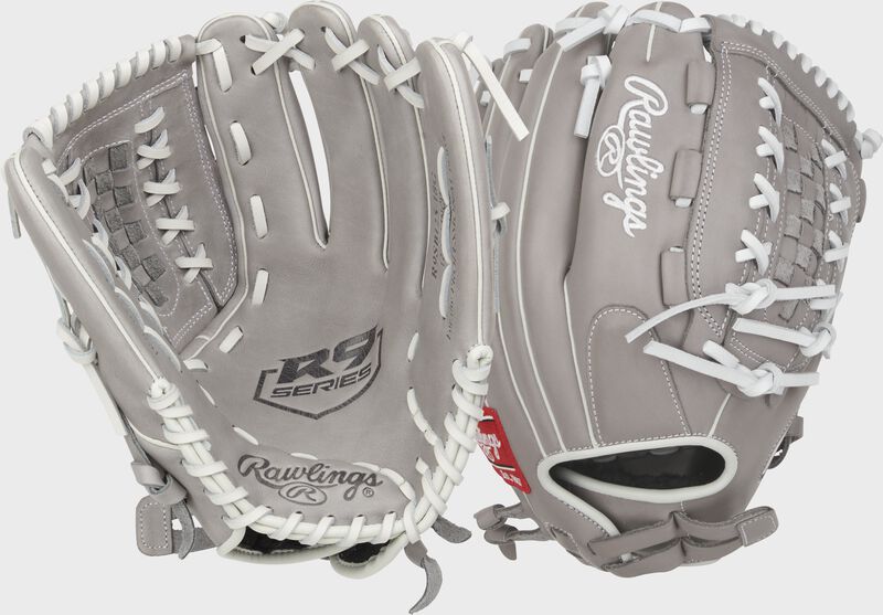 Two images showing the palm & back of a gray R9 Series 12.5" fastpitch pitcher/outfield glove