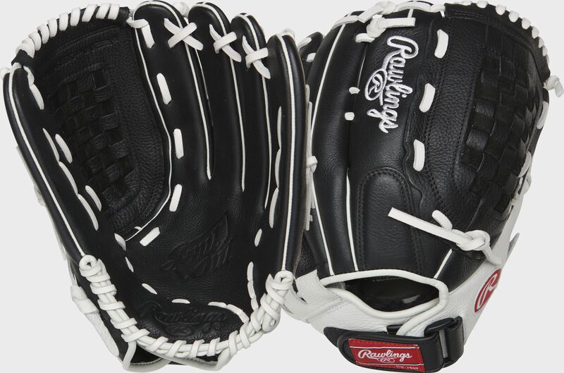 Two images showing the palm & back of a black/white Shut Out 13" softball glove loading=