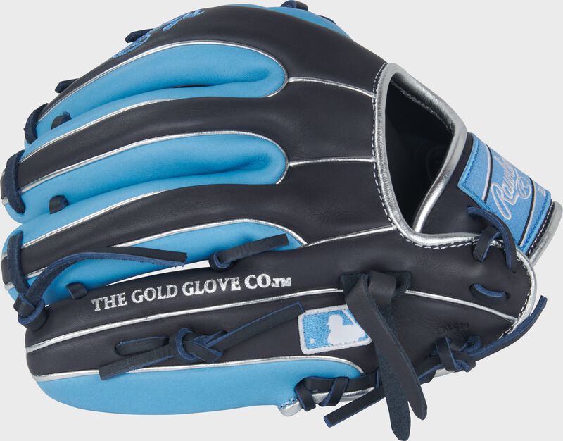 Navy back of a Rawlings NXT Series 11.25-Inch Infield Glove with the MLB logo on the pinky