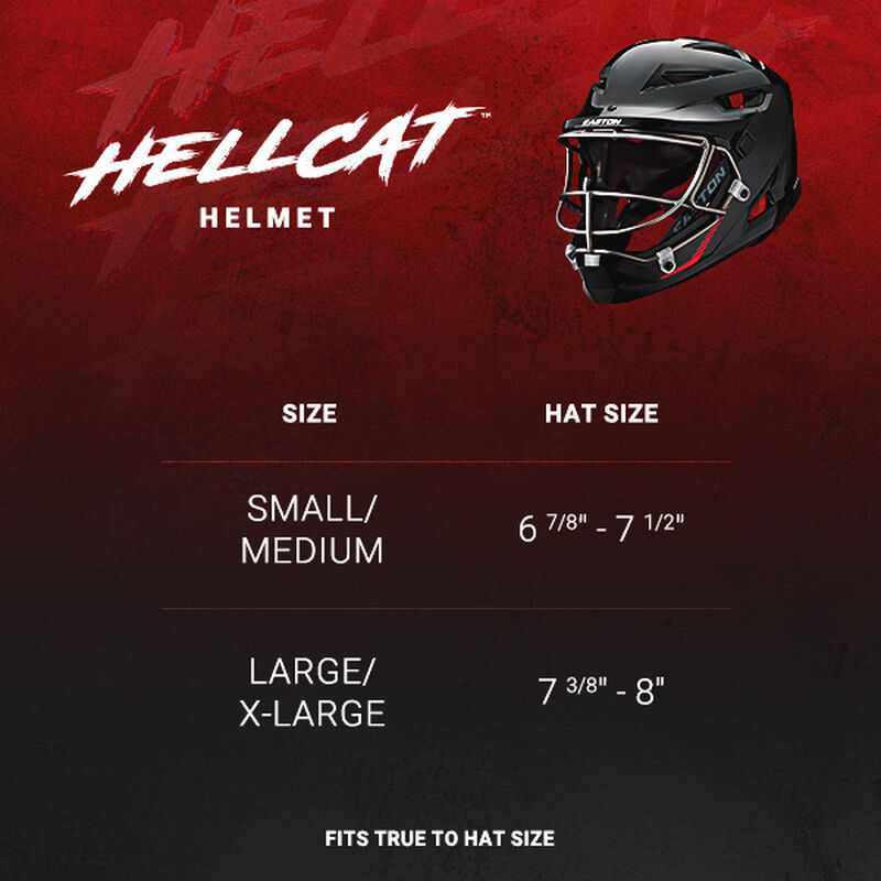 A Hellcat fielding helmet sizing chart showing the hat size for the S/M and L/XL helmets - SKU: EHCATH