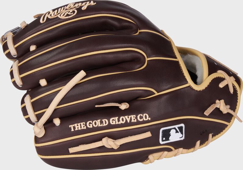 Back of a mocha Pro Preferred infield glove with the MLB logo on the pinky
