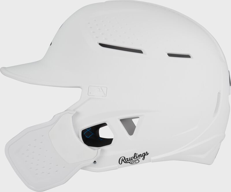 Left side of a white Rawlings RX2 Reverse batting helmet