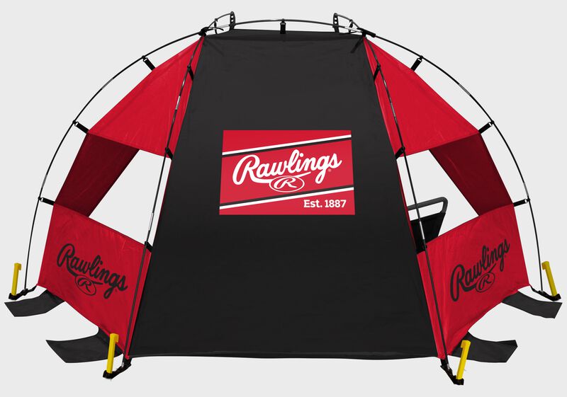 Back of a red/black Rawlings sideline sun shelter with a Rawlings patch logo in the middle - SKU:00974043511 loading=