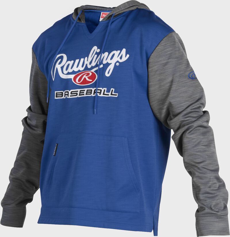 A royal Rawlings adult long sleeve hoodie with a Rawlings log on the chest and heather gray sleeves - SKU: PFH2PRBB-R/GR loading=