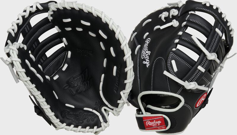 2 views showing the palm/back of a Shut Out 12" fastpitch softball first base mitt - SKU: RSOFBM12