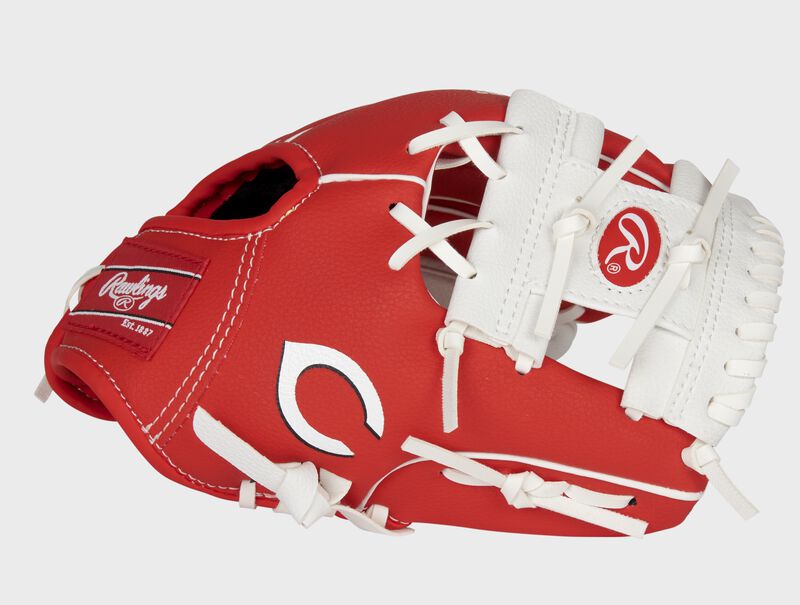 Thumb of a red/white Cincinnati Reds 10-inch team logo glove with a white I-web and Reds logo on the thumb - SKU: 22000023111 loading=