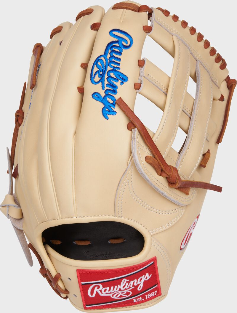 Camel back of a Heart of the Hide 12.75" H-web glove with a red Rawlings patch