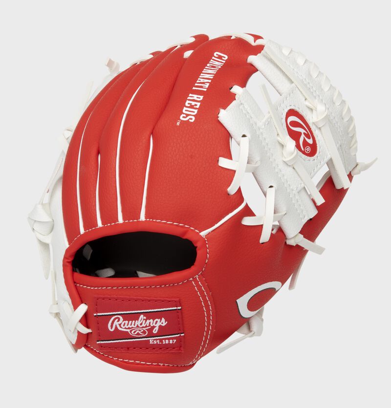 Back of a red/white Cincinnati Reds 10-Inch I-web glove with a red Rawlings patch - SKU: 22000023111 loading=