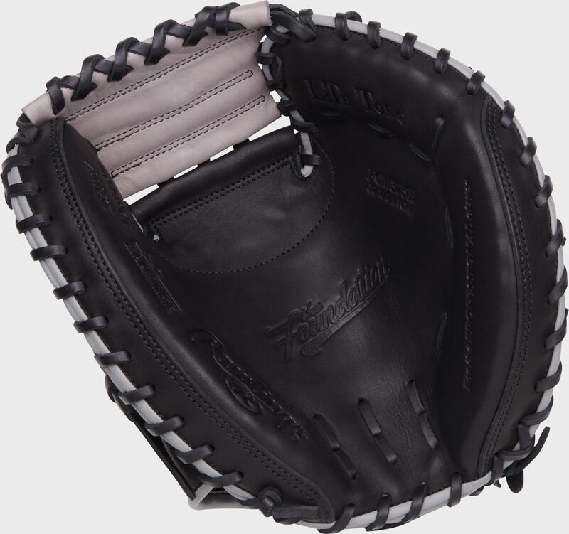 Black palm of a Foundation Series Aaron Judge youth catcher's mitt with black laces - SKU: RSGRFCM325B loading=