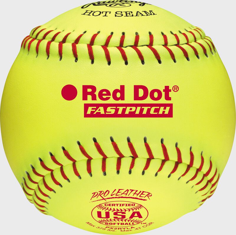 A yellow Rawlings 12-inch Pro Leather Red Dot USA fastpitch softball with red seams