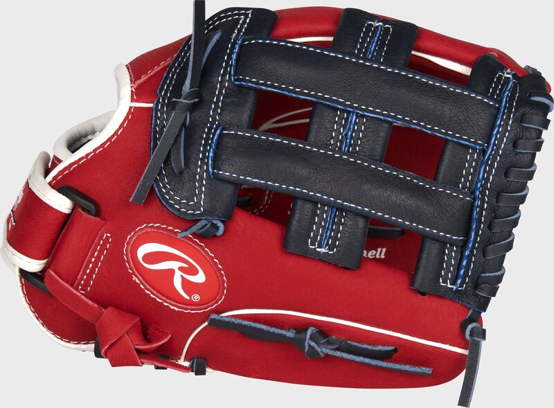Thumb of a scarlet Sure Catch 11.5-Inch Bryce Harper Signature youth glove with a navy H-web - SKU: SC115BH loading=