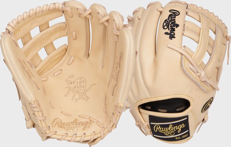 Two images showing the palm & back of a camel Kris Bryant Heart of the Hide 12.25" baseball glove