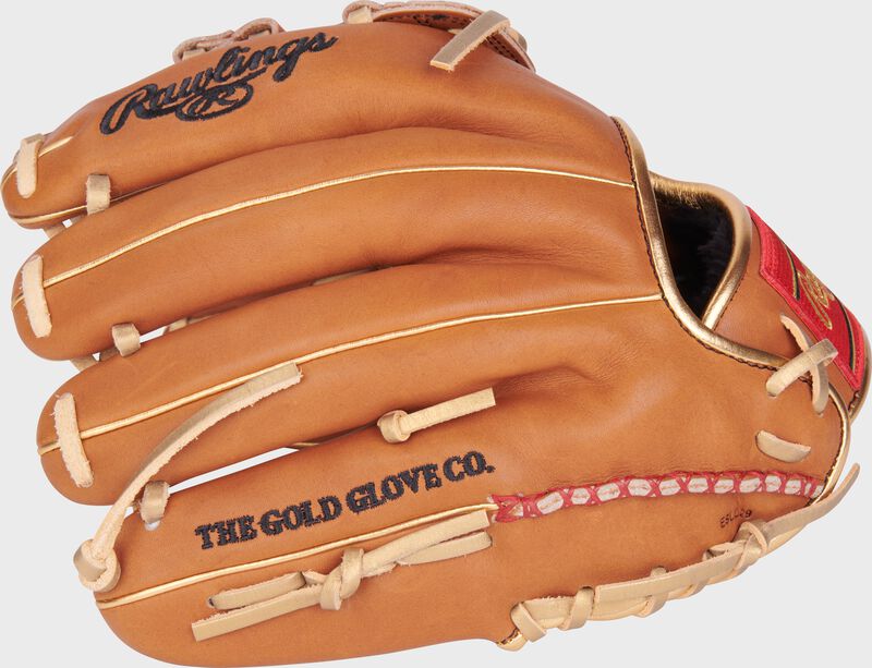 thumb side view of the tan Rawlings Sierra Romero Heart of the Hide glove - SKU: PROSR32
