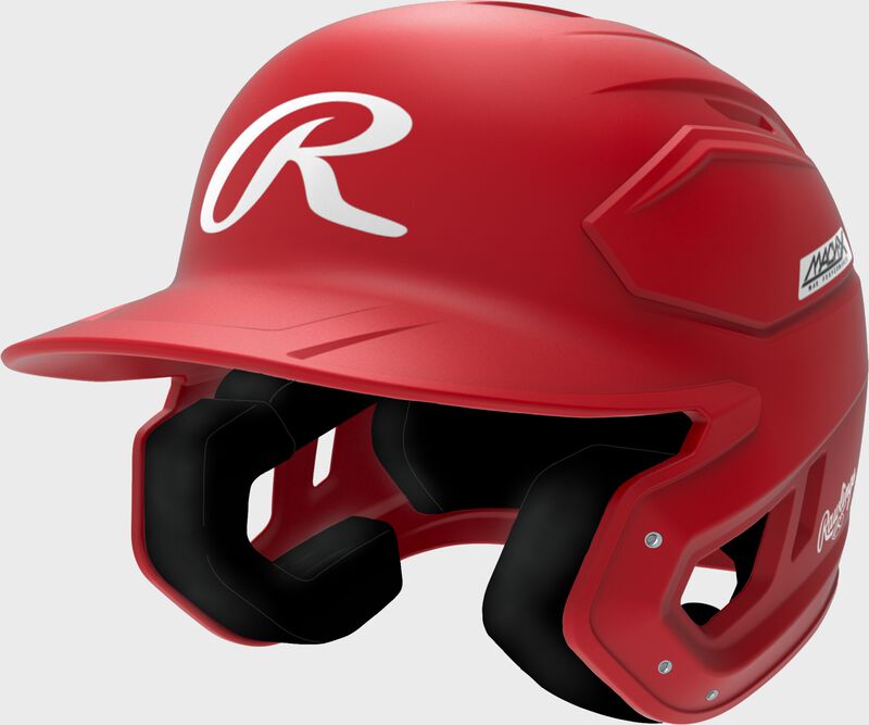 Front left of a scarlet Rawlings Mach-X Max Performance batting helmet