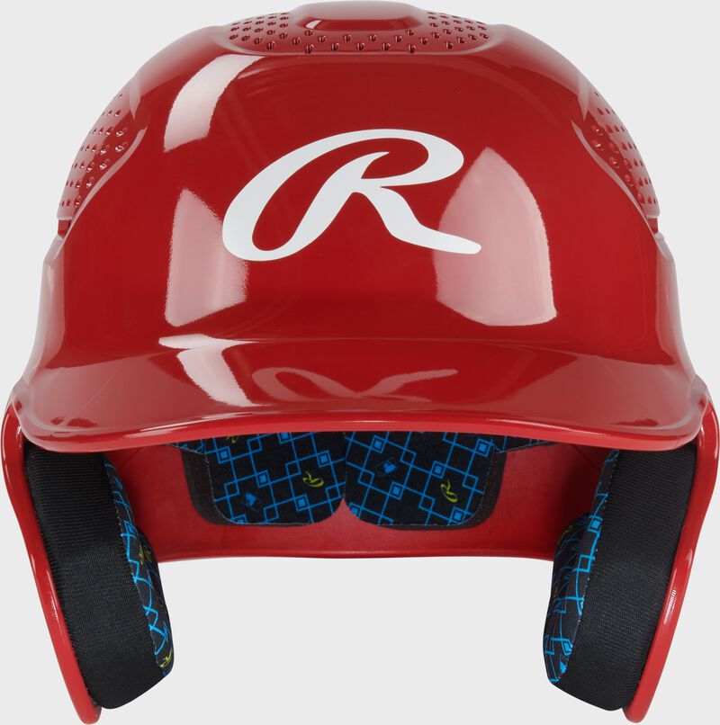 Front of a scarlet Rawlings RX2 gloss baseball batting helmet loading=