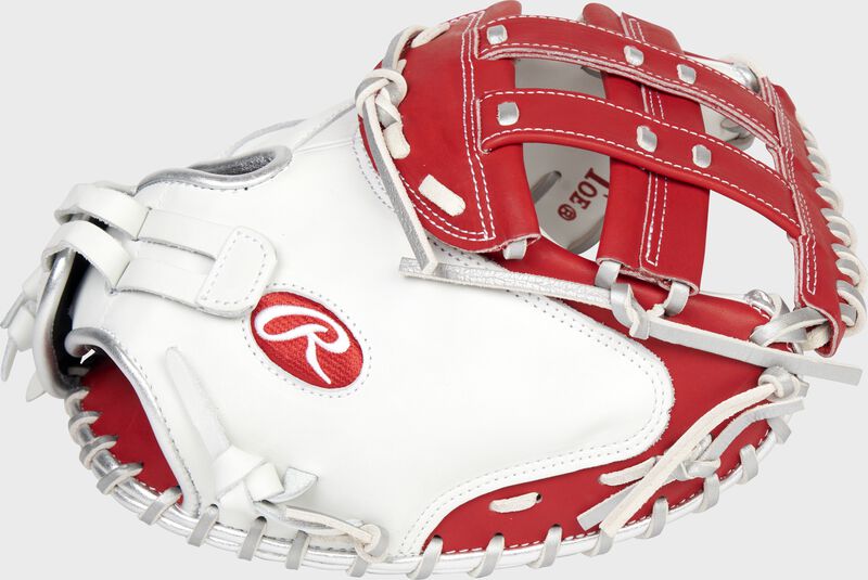 Thumb of a white/scarlet Liberty Advanced Color Series 34-Inch catcher's mitt with a scarlet H-web - SKU: RLACM34FPWSP loading=