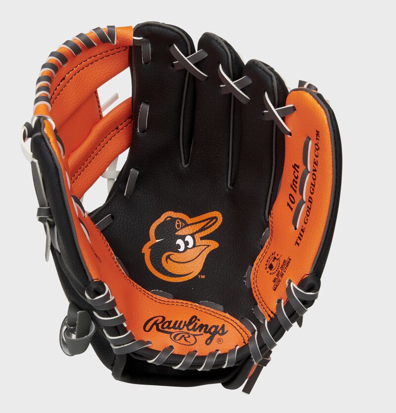 A black/orange Rawlings Baltimore Orioles youth glove with the Orioles logo stamped in the palm - SKU: 22000018111 loading=