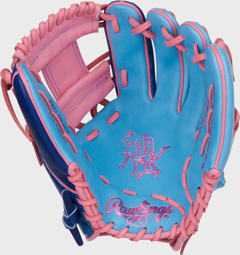 Columbia blue palm of a Heart of the Hide Vibrant Series blue topo print 11.5" infield glove with pink laces