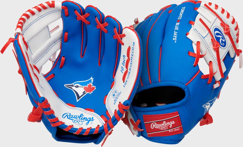 Two images showing the palm & back of a blue Toronto Blue Jays team logo youth glove loading=