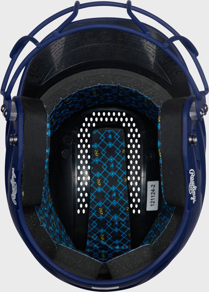 Inside padding of a navy Rawlings RX2 fastpitch batting helmet