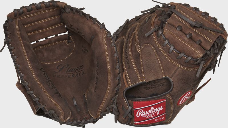 Two images showing the palm & back of a brown Player Preferred 33" catcher's mitt