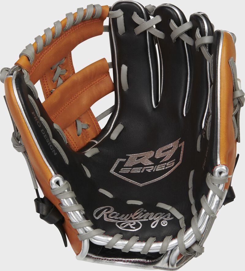 Black palm of a Rawlings R9 ContoUR infield glove with gray laces and silver palm stamp - SKU: R9110U-19BT loading=