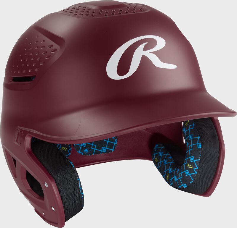 Front right of a maroon Rawlings RX2 batting helmet