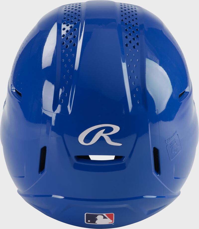Back of a royal Rawlings RX2 gloss baseball batting helmet