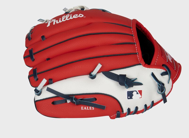 Back of a red/white Philadelphia Phillies 10-inch youth glove with the MLB logo on the pinky - SKU: 22000020111 loading=