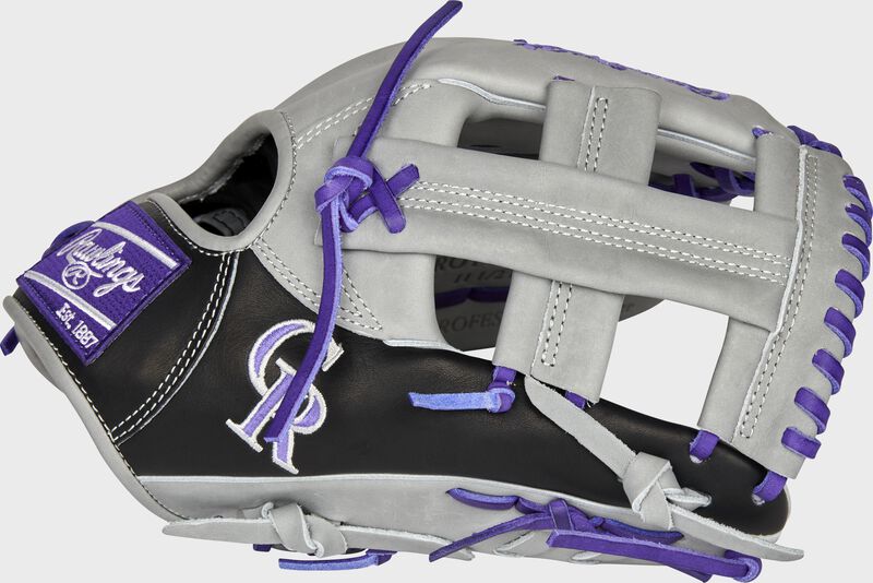 Thumb of a 2021 Colorado Rockies Heart of the Hide glove with the Rockies logo on the thumb: SKU: RSGPROTT2-20COL