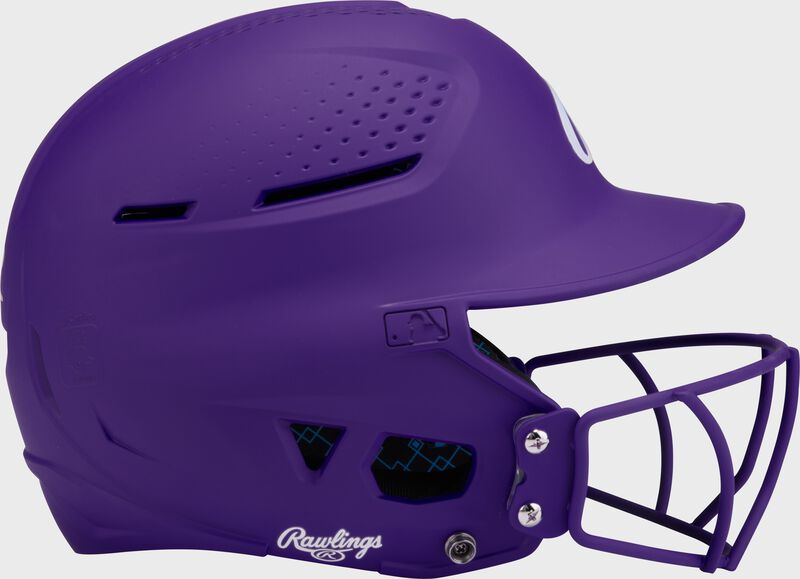 Right side of a purple Rawlings RX2 fastpitch batting helmet