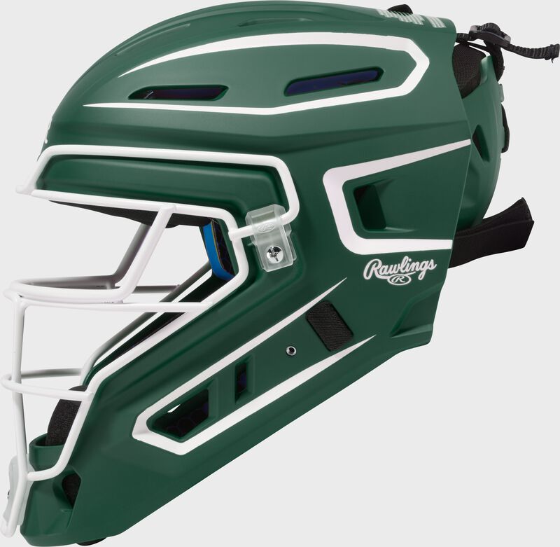 Left side of a dark green Rawlings Mach Pro Series catcher's helmet