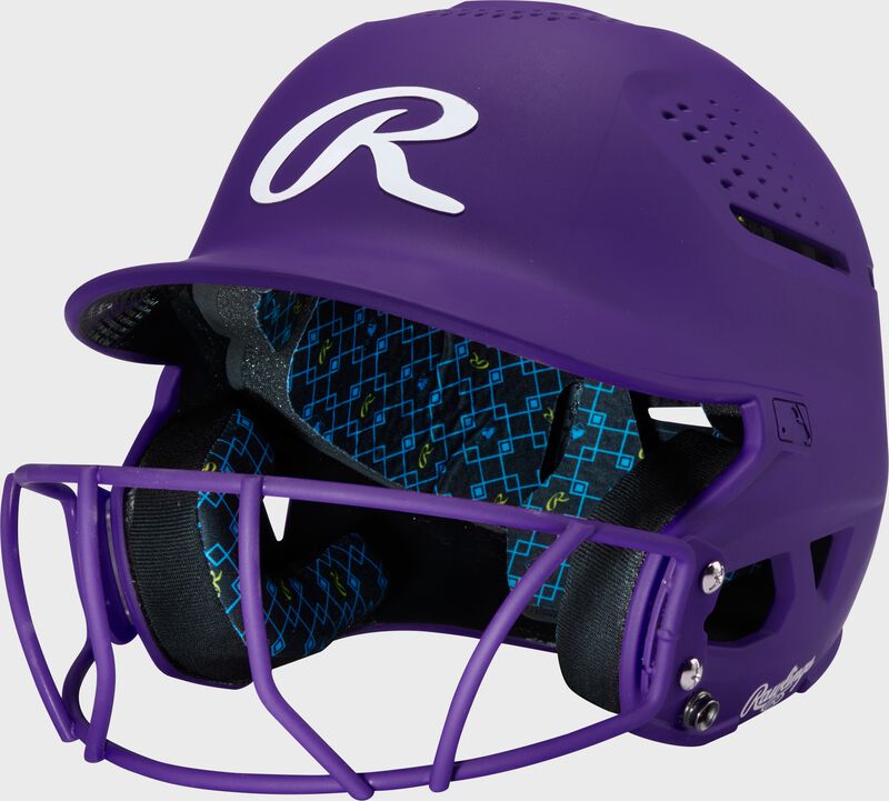 Front left of a purple Rawlings RX2 fastpitch batting helmet