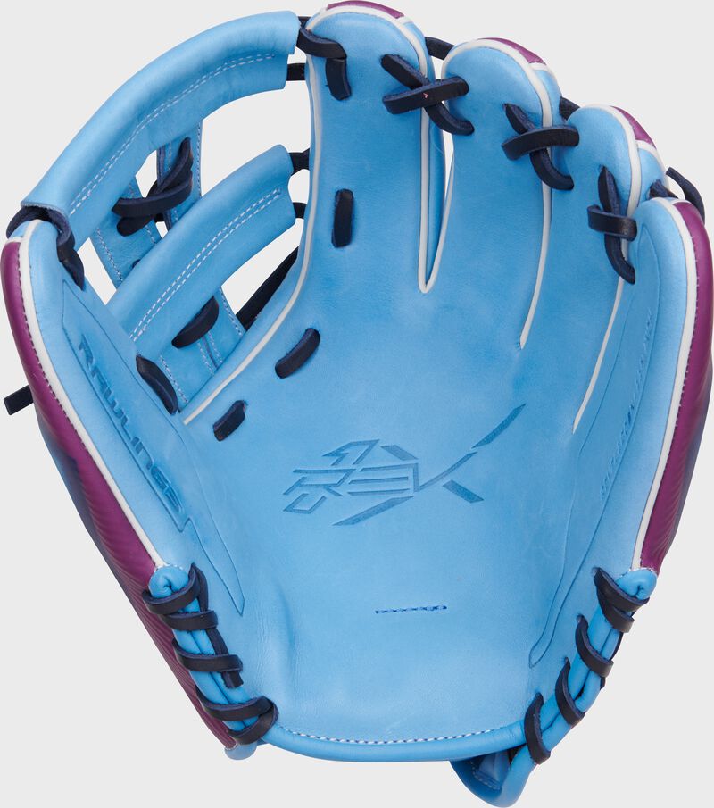 Columbia blue palm of a Rawlings Francisco Lindor REV1X glove with navy laces