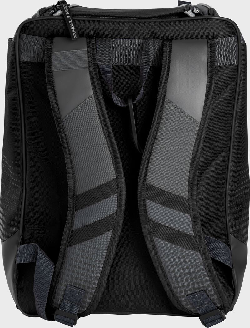 Back of a black Rawlings Franchise backpack with gray shoulder straps - SKU: FRANBP-B