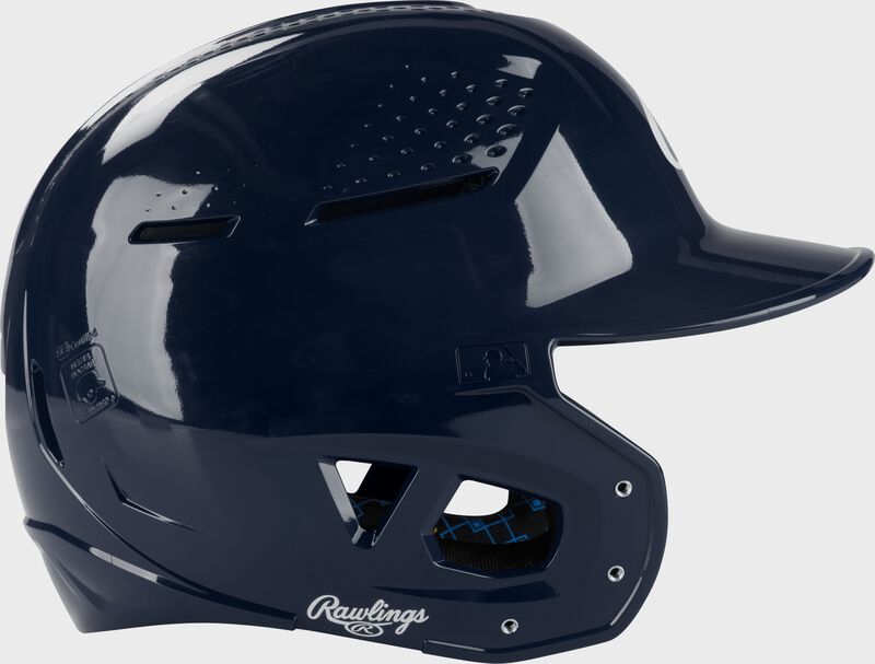 Right side of a navy Rawlings RX2 gloss baseball batting helmet