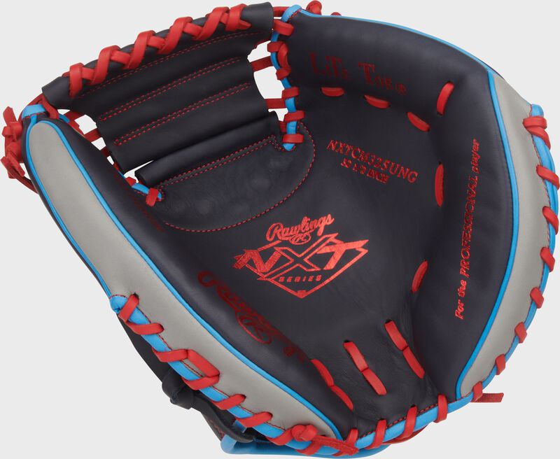 Navy palm of a Rawlings NXT Series 32.5-Inch Catcher's Mitt with scarlet stamping and laces