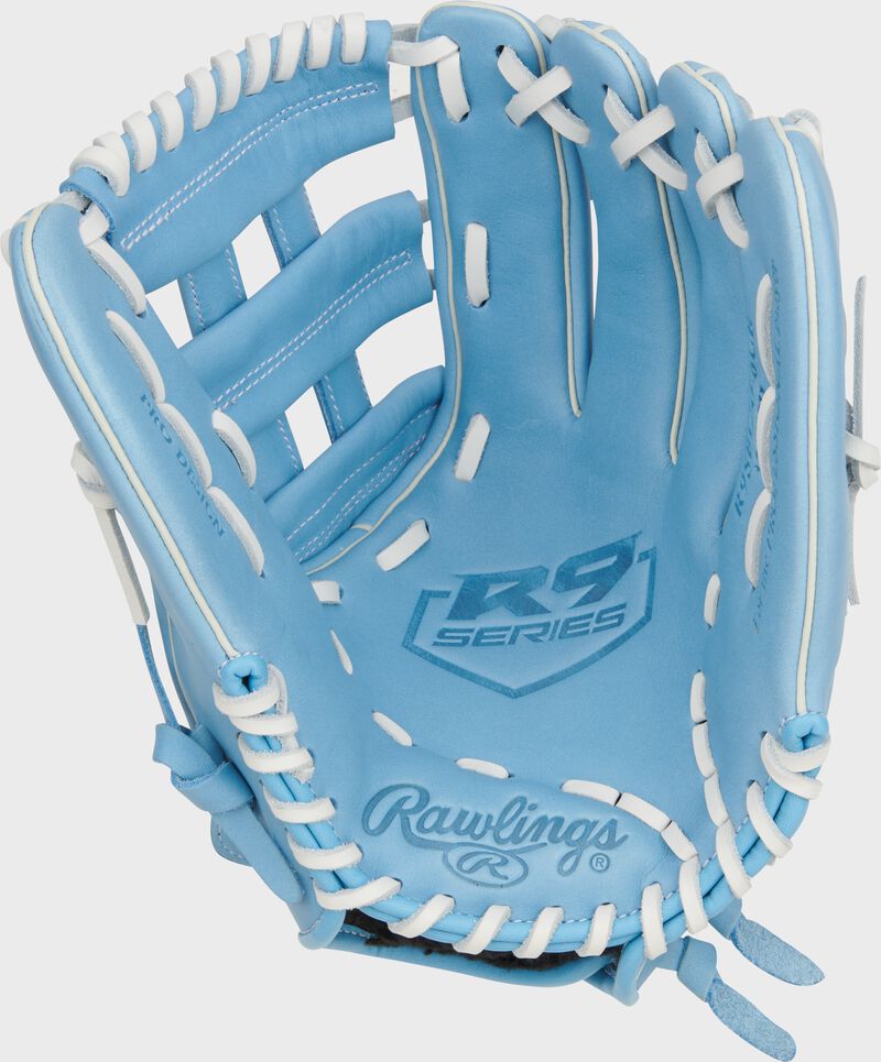 Columbia blue palm of a Rawlings R9 Series fastpitch glove with white laces